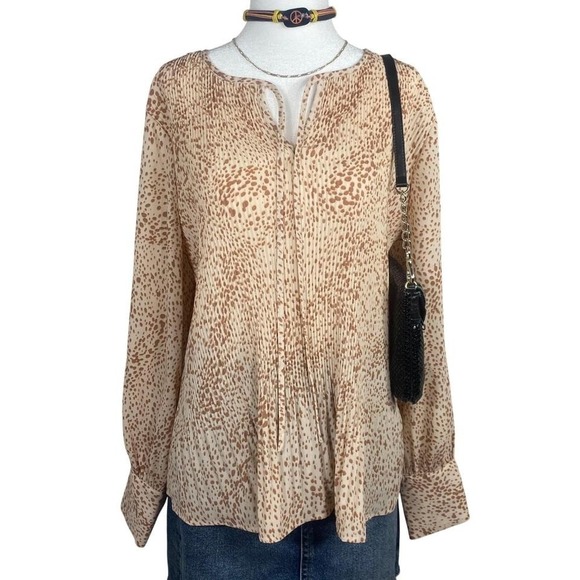 Simply Vera Vera Wang Blouse Womens Large Beige Brown Pleated Animal Print - Picture 1 of 5